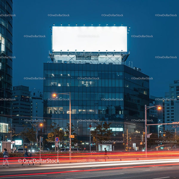 Bright blank billboard above urban glass office building at night JPG Mockup Image