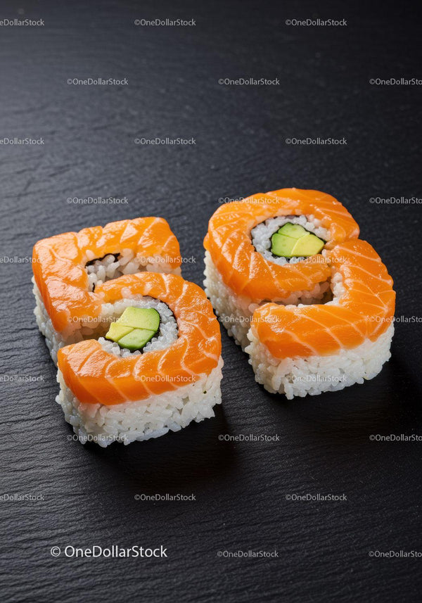 Two salmon sushi rolls with avocado on black slate