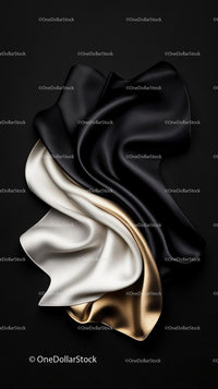 Elegant Satin Fabric in Black White and Gold with Flowing Drapery
