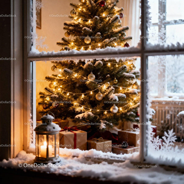 Cozy Christmas tree with gifts seen through frosted window