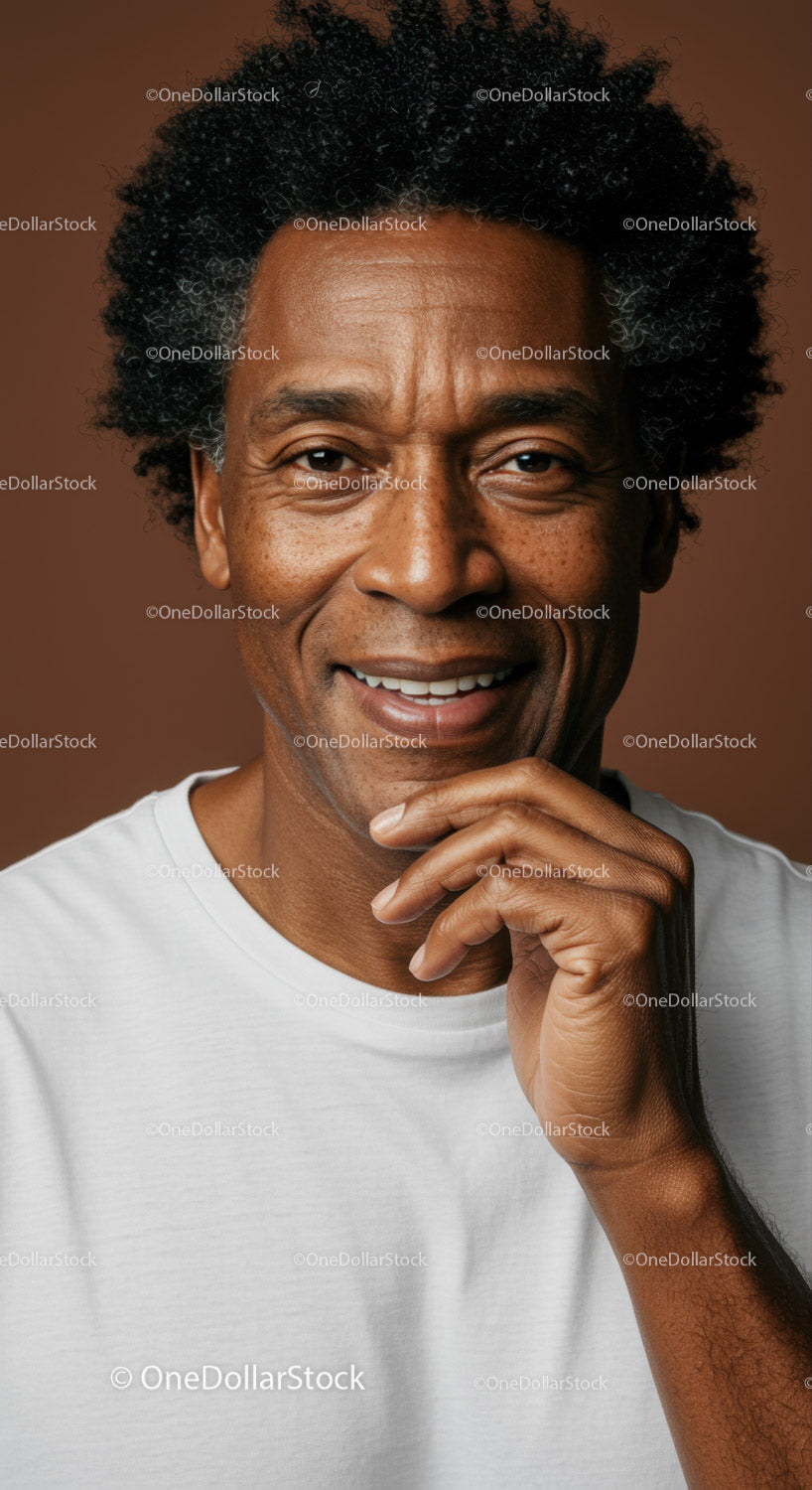 Close-up of Happy Mature Man with Dark Curly Hair Smiling