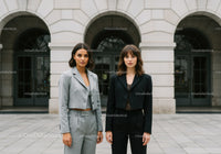 Elegant Businesswomen Standing Outdoors Against City Architecture