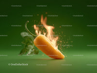 Burning Red Chili Pepper with Flames on Green Background