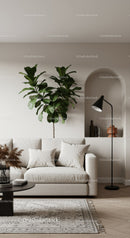 Minimalist living room with beige sofa and greenery