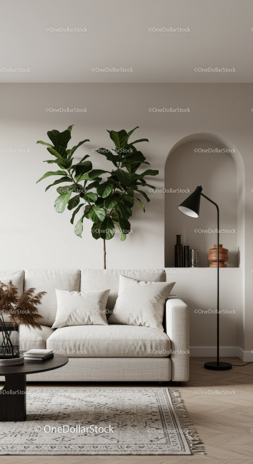 Minimalistyczny salon z beżową sofą i zielenią
