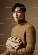 Male Fashion Model Wearing Beige Turtleneck with Clutch Bag