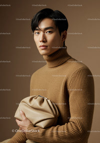 Male Fashion Model Wearing Beige Turtleneck with Clutch Bag