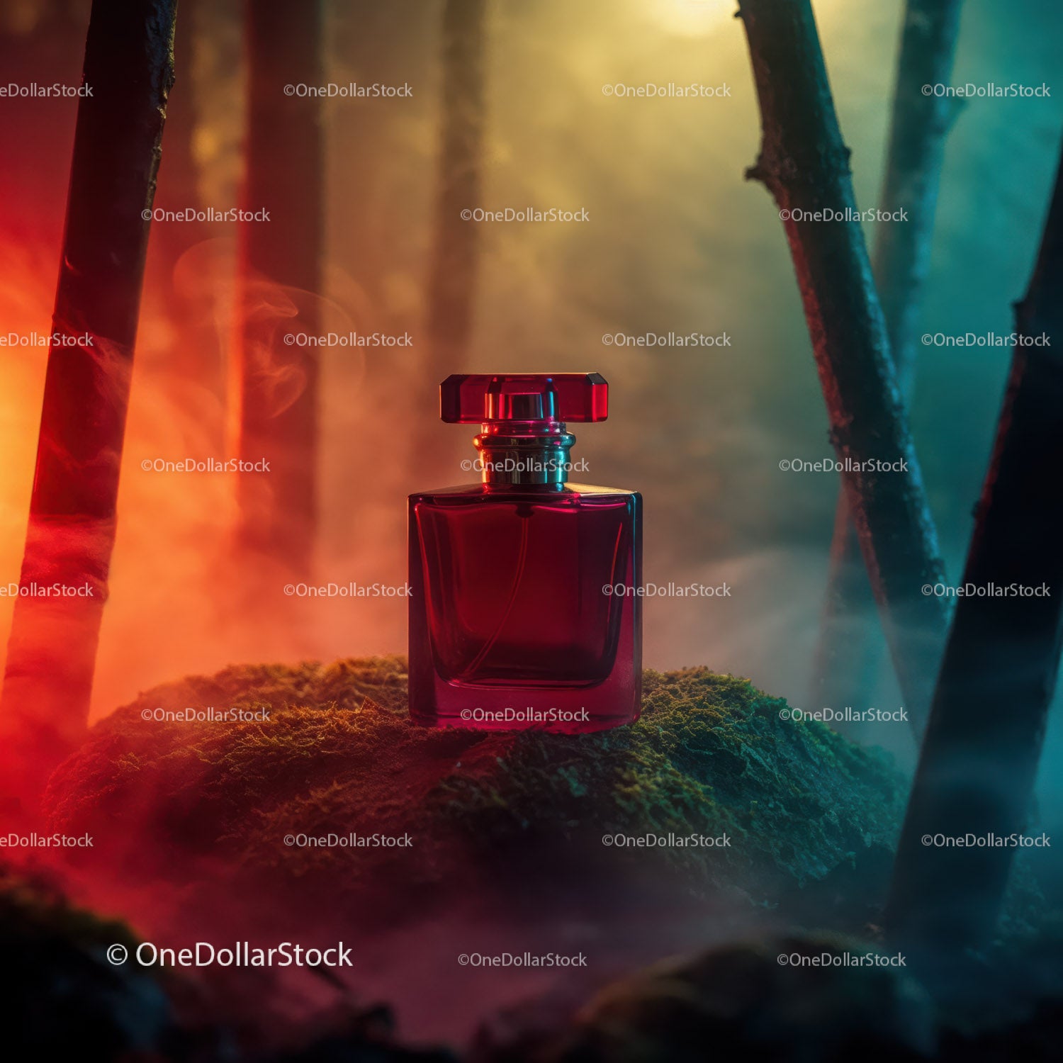 Luxury Red Perfume Bottle in Mystical Forest Scene