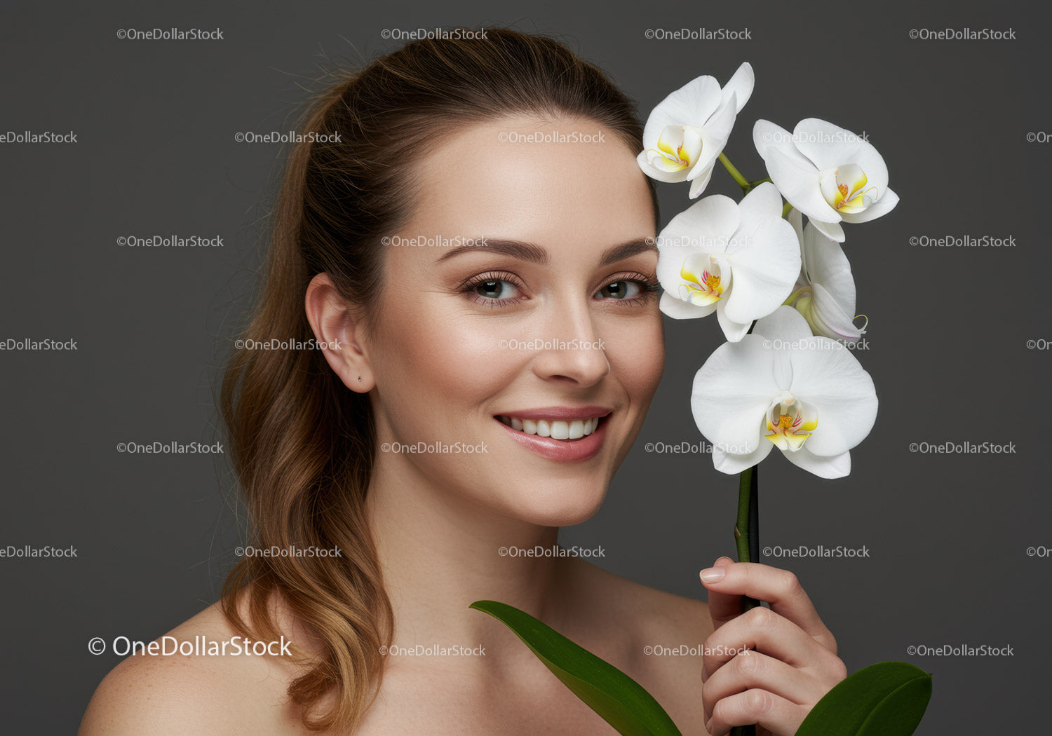 Elegant Woman with White Orchid Flowers in Neutral Studio Setting