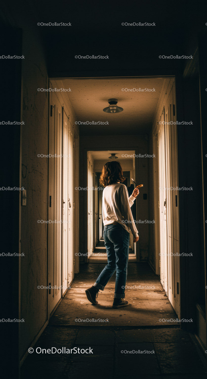 Person exploring dimly lit corridor with glowing light