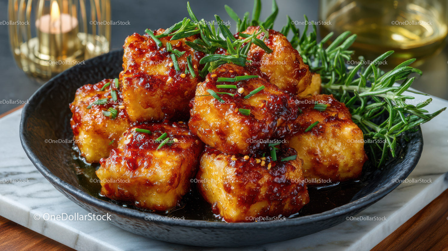 Crispy Chicken Bites with Spicy Sweet Glaze Garnished with Herbs