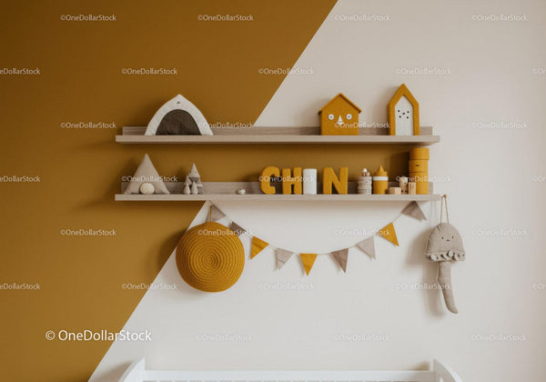 Whimsical Children's Nursery Decor with Wooden House and Plush Accessories