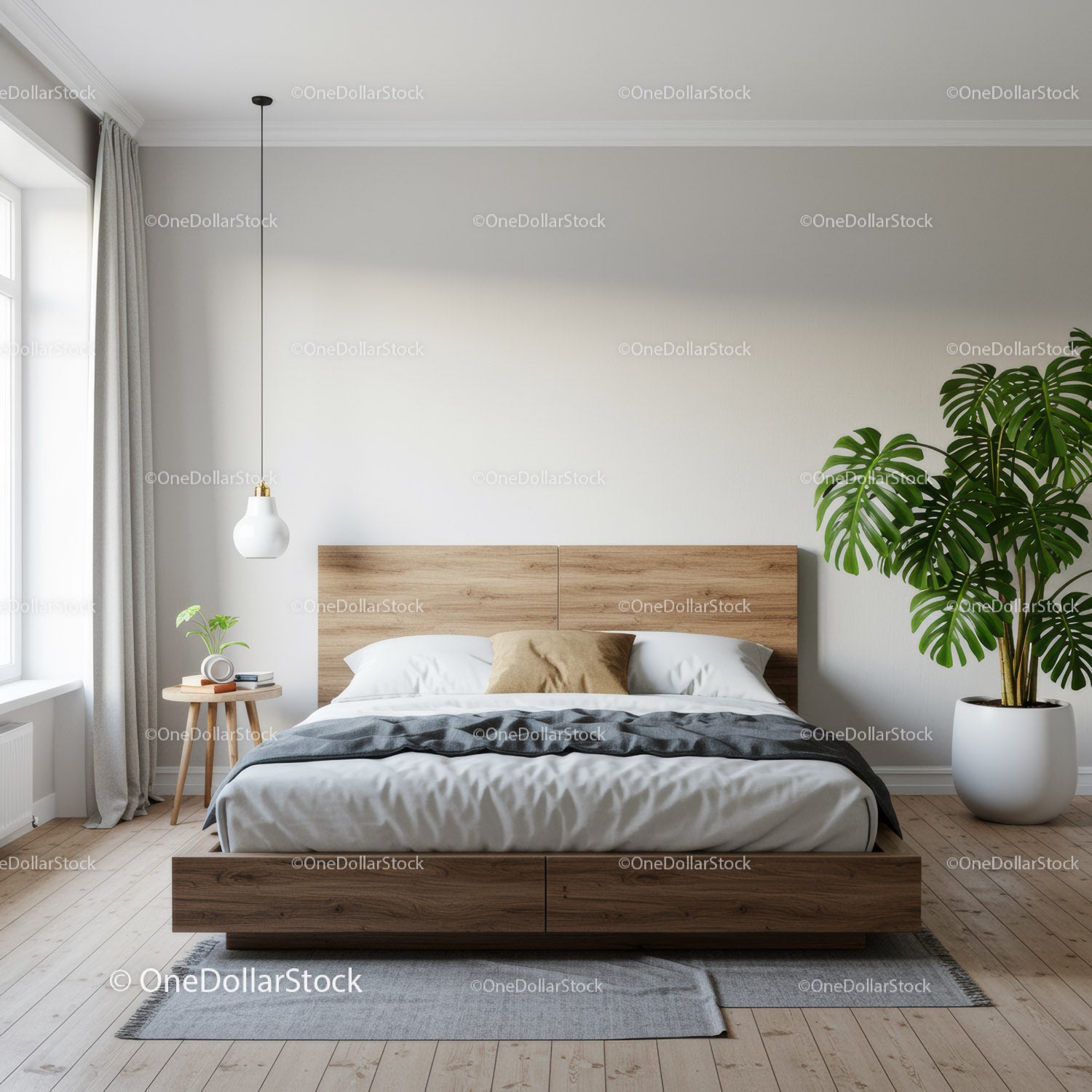 Modern Bedroom with Wooden Bed Frame and Indoor Plant