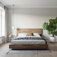 Modern Bedroom with Wooden Bed Frame and Indoor Plant