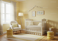 Bright Nursery with White Baby Crib and Yellow Accents