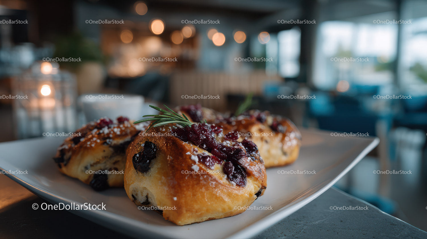 Delicious Blueberry Danish Pastry on White Plate in Cozy Cafe