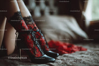 Chic Black Heels and a Red Lace Dress in a Cozy Bedroom Setting