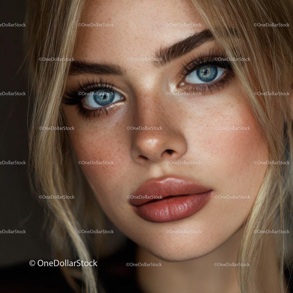 Portret z bliska młodej kobiety o niebieskich oczach i blond włosach
