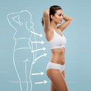 Healthy Athletic Woman Posing with Diagram of Body on Bright Blue Background