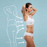 Healthy Athletic Woman Posing with Diagram of Body on Bright Blue Background