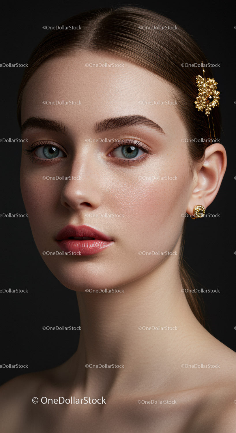 Elegancki portret młodej kobiety o niebieskich oczach i złotych dodatkach