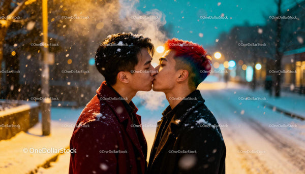 Young couple kissing tenderly on snowy winter evening