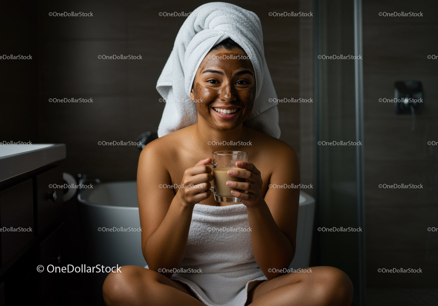 Young Woman Enjoying a Spa Moment with Towel and Mug