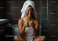 Young Woman Enjoying a Spa Moment with Towel and Mug