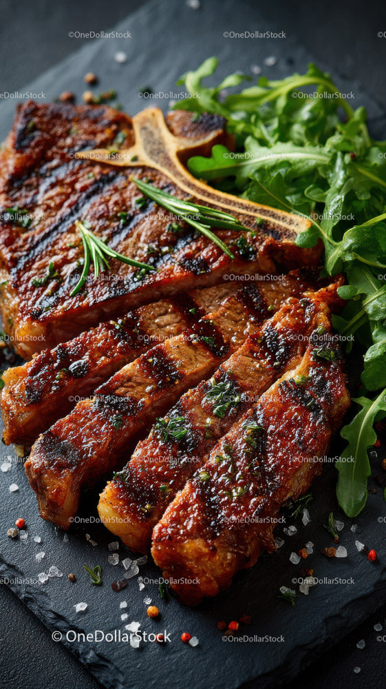 Grilled Beef Ribs with Fresh Green Herbs on Plate