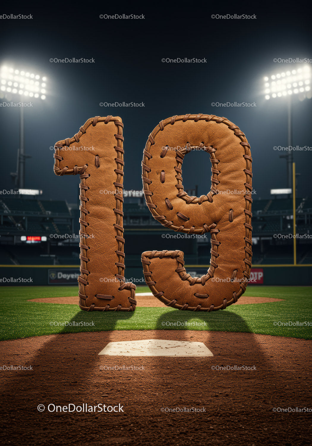 Leather stitched number nineteen on baseball field