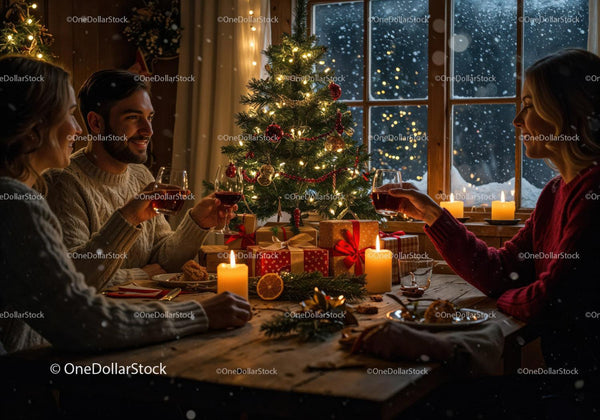 Friends Enjoying Cozy Christmas Dinner by Fireplace