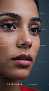 Close-Up Portrait of Young Woman with Flawless Skin and Glamorous Makeup