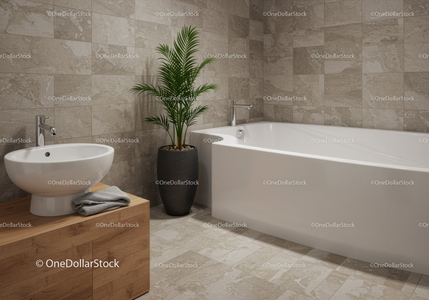 Modern Bathroom with White Bathtub and Potted Plant