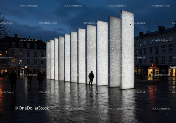 Modern Night Light Installation in Urban City Square JPG Mockup Image