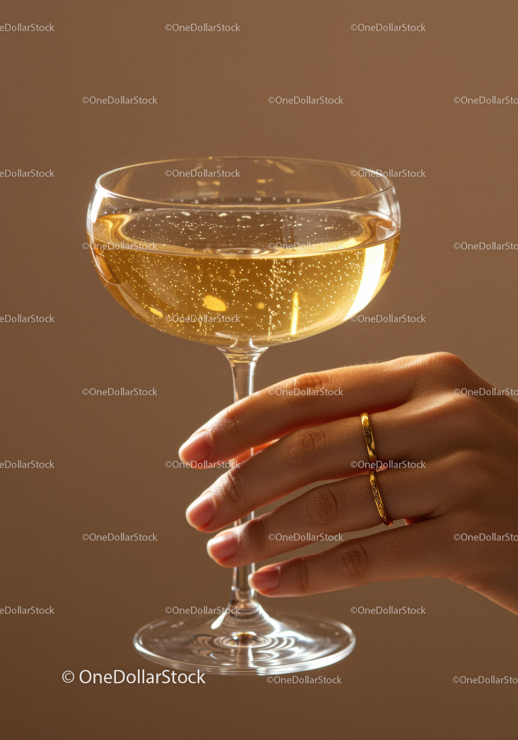Hand Holding Champagne Glass with Sparkling Bubbles