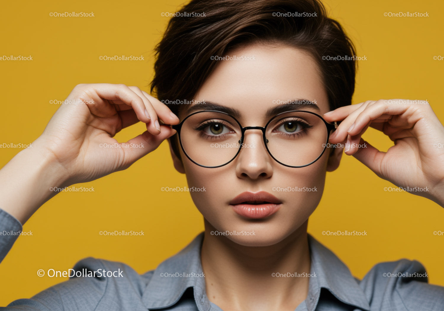 Stylish Woman Adjusting Glasses Portrait with Yellow Background