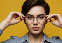 Stylish Woman Adjusting Glasses Portrait with Yellow Background