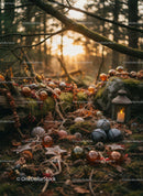 Rustic autumn decorations with glowing candle in forest