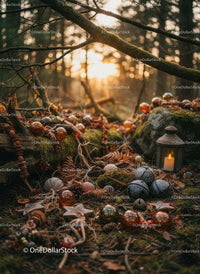 Rustic autumn decorations with glowing candle in forest