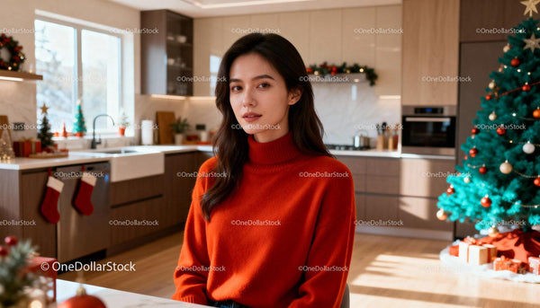 Young woman in red sweater in cozy festive kitchen