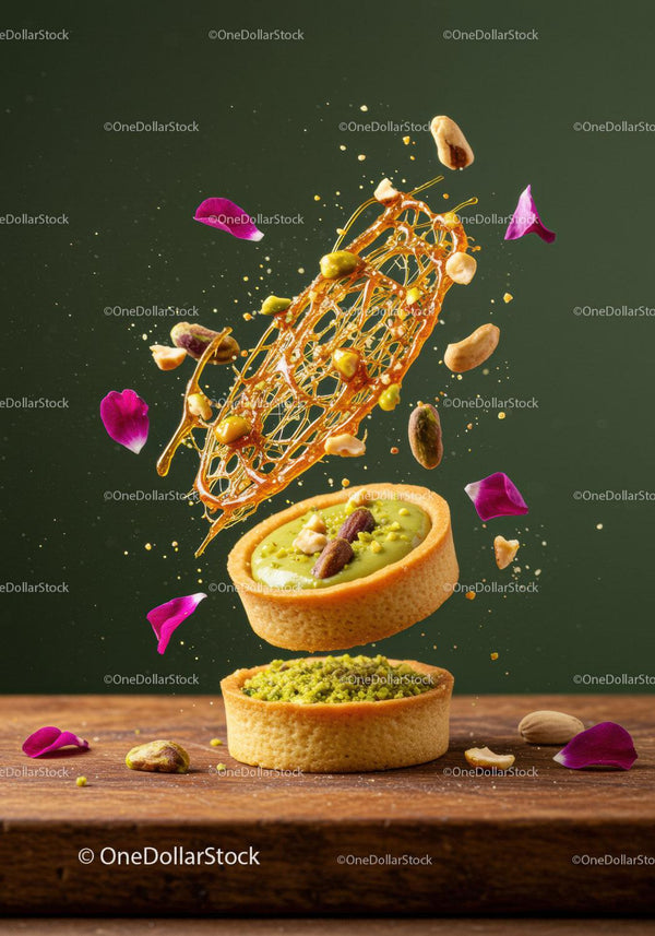 Pistachio tart with caramel art and petals floating
