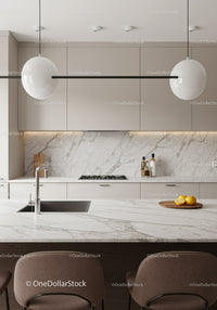 Elegant White Kitchen with Marble Backsplash and Pendant Lights
