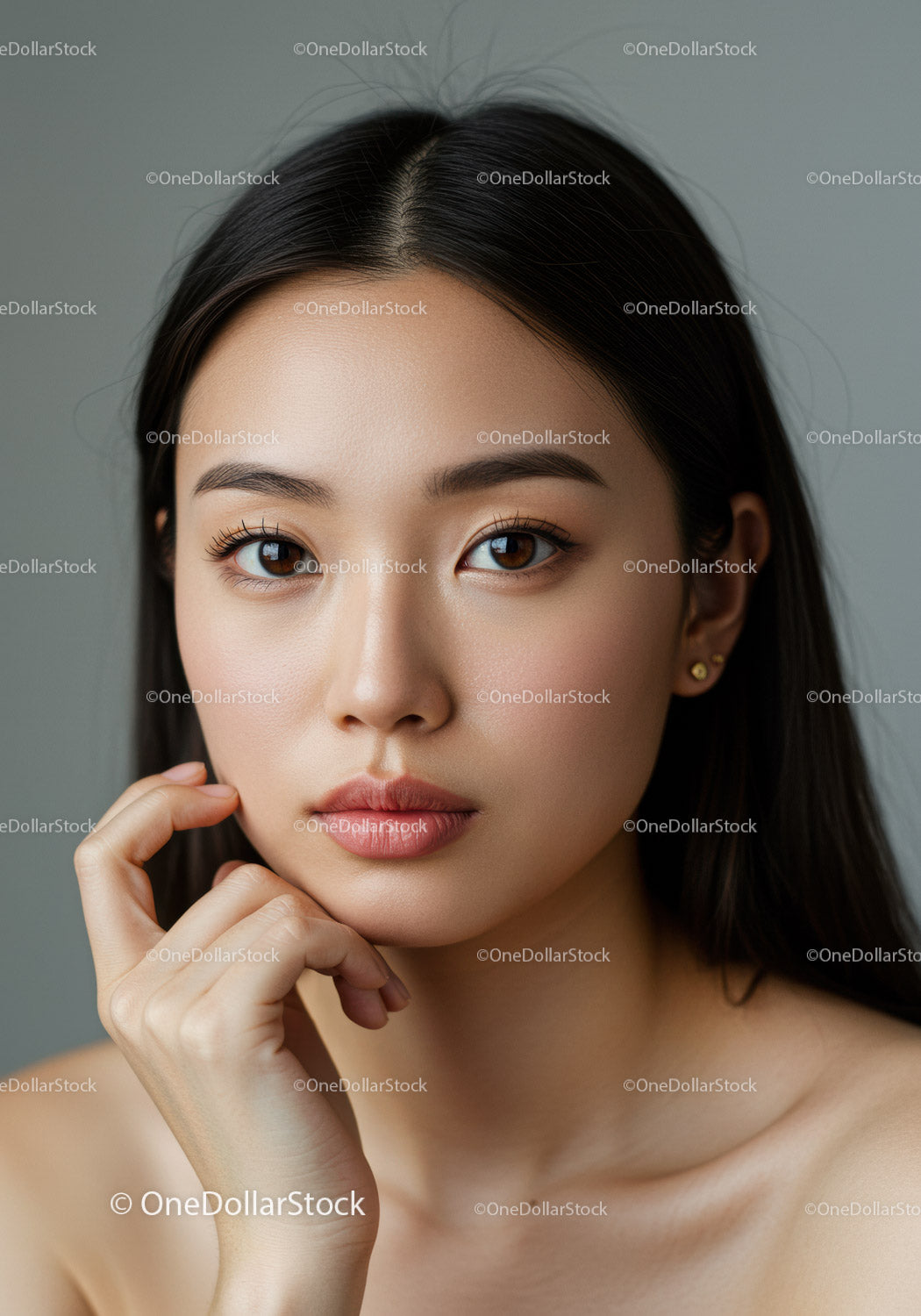 Elegant Portrait of a Young Woman with Brown Eyes and Long Dark Hair