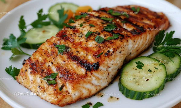 Grilled Salmon with Cucumber Garnish and Herb Decoration