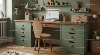 Modern Green and Wooden Home Office Desk with Computer and Shelves