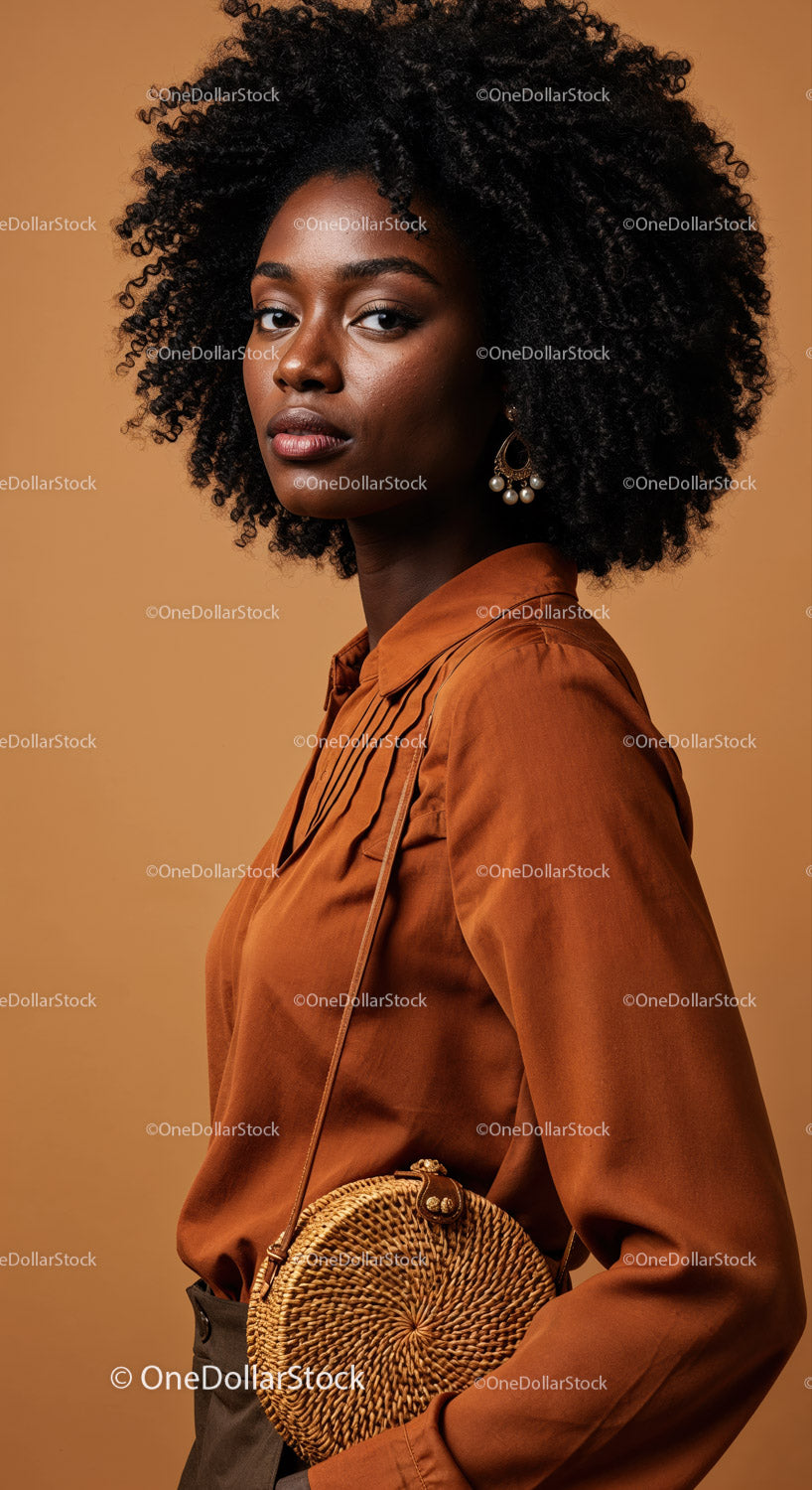 Elegant African Woman with Curly Hair in Brown Fashion Outfit