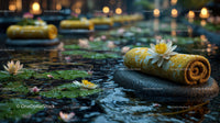Serene Outdoor Spa Scene with Yellow Towel and Water Lilies