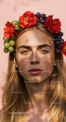 Beautiful Woman Wearing Floral Crown with Red Alstroemeria and Grape Flowers