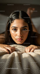 Portrait of Young Woman Relaxing on Cozy Beige Blanket in Warm Lighting