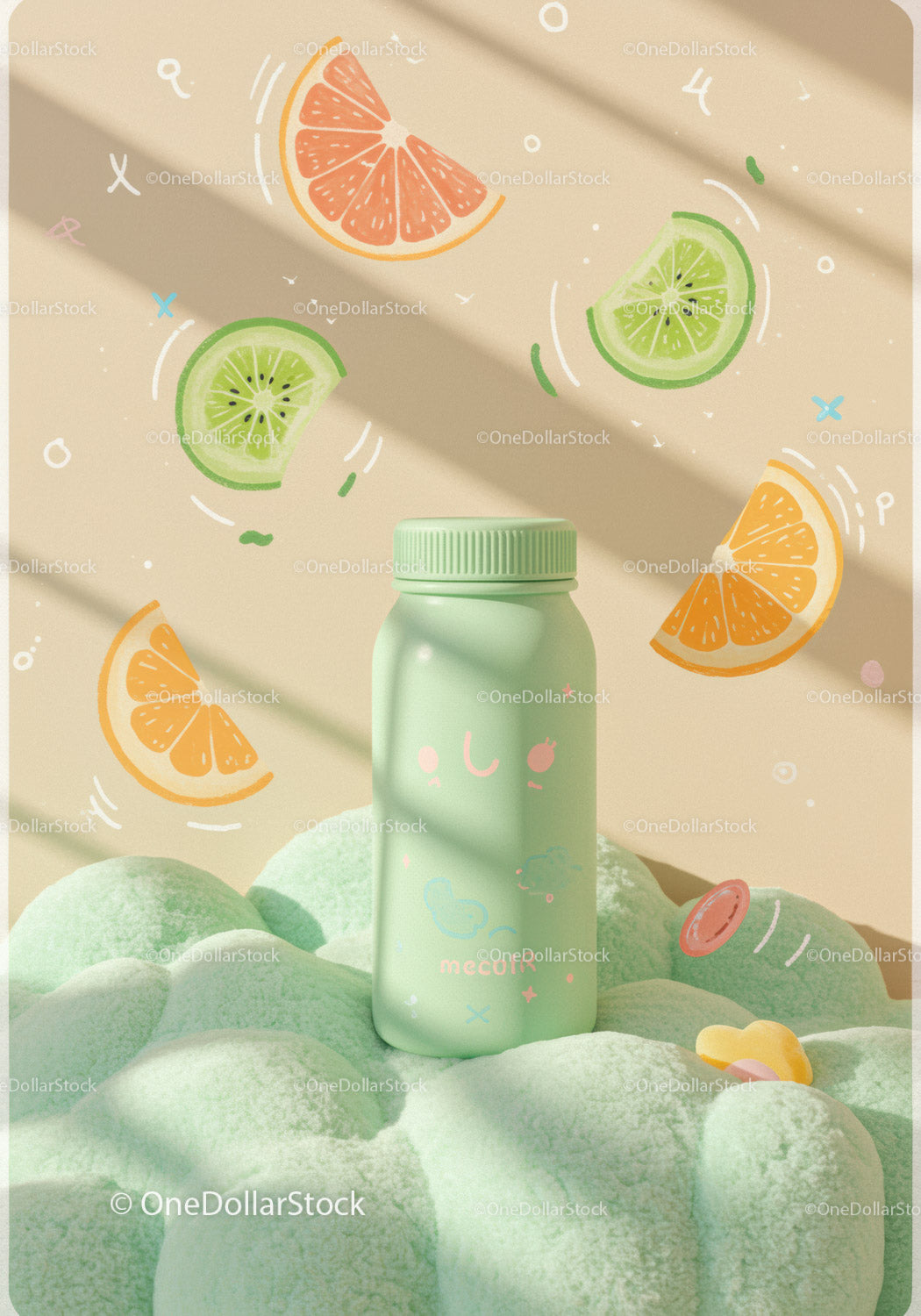 Świeża pastelowa butelka otoczona ilustracjami cytrusów